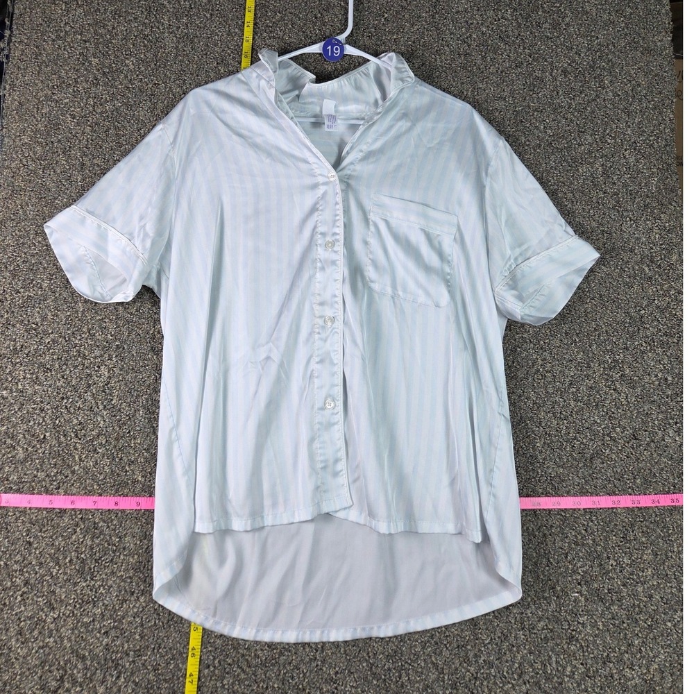 Stars Above Sleep Shirt Womens Large Blue Striped Satin Button Up Short Sleeve